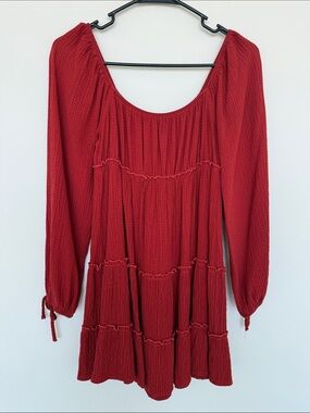 Lush Red Long-Sleeve Tiered Peasant Dress